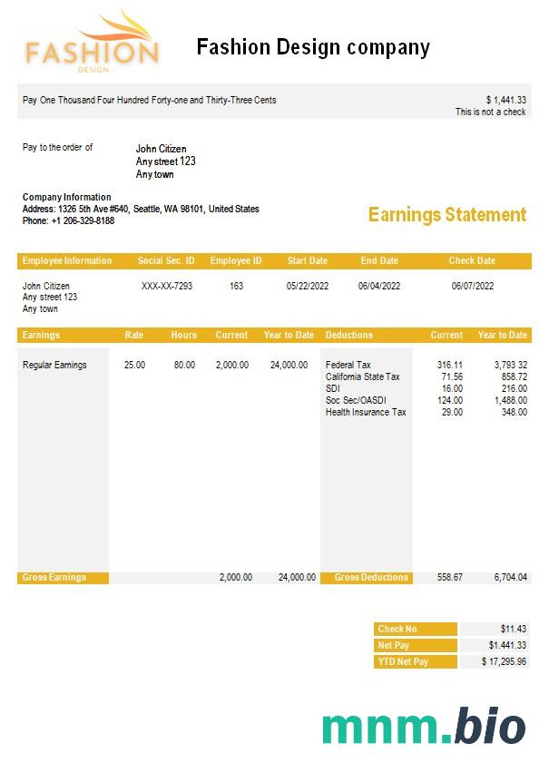 Szablon payslip firmy modowej w formatach Word i PDF